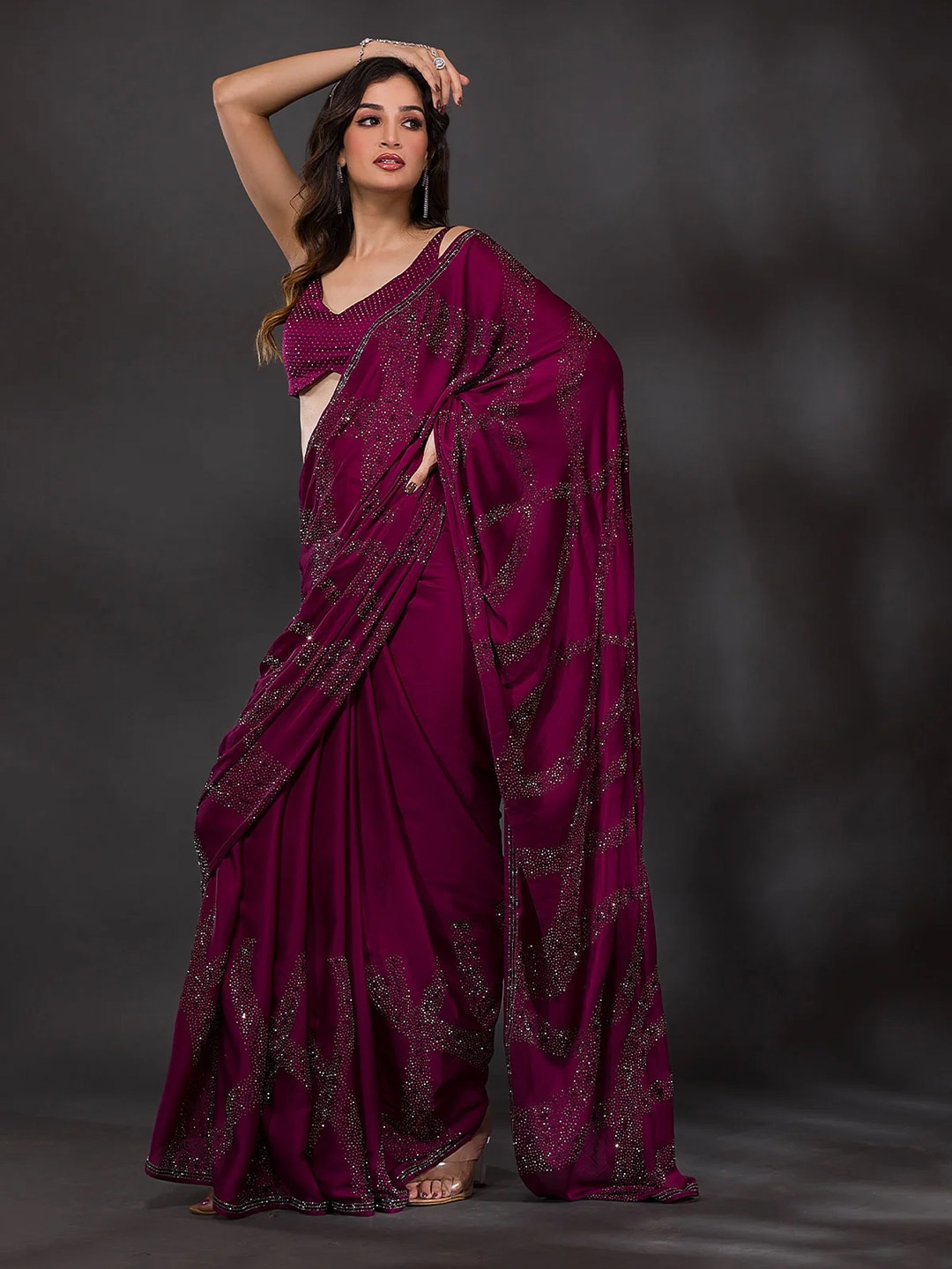 

Trendmalls Embellished Beads and Stones Heavy Work Saree, Purple