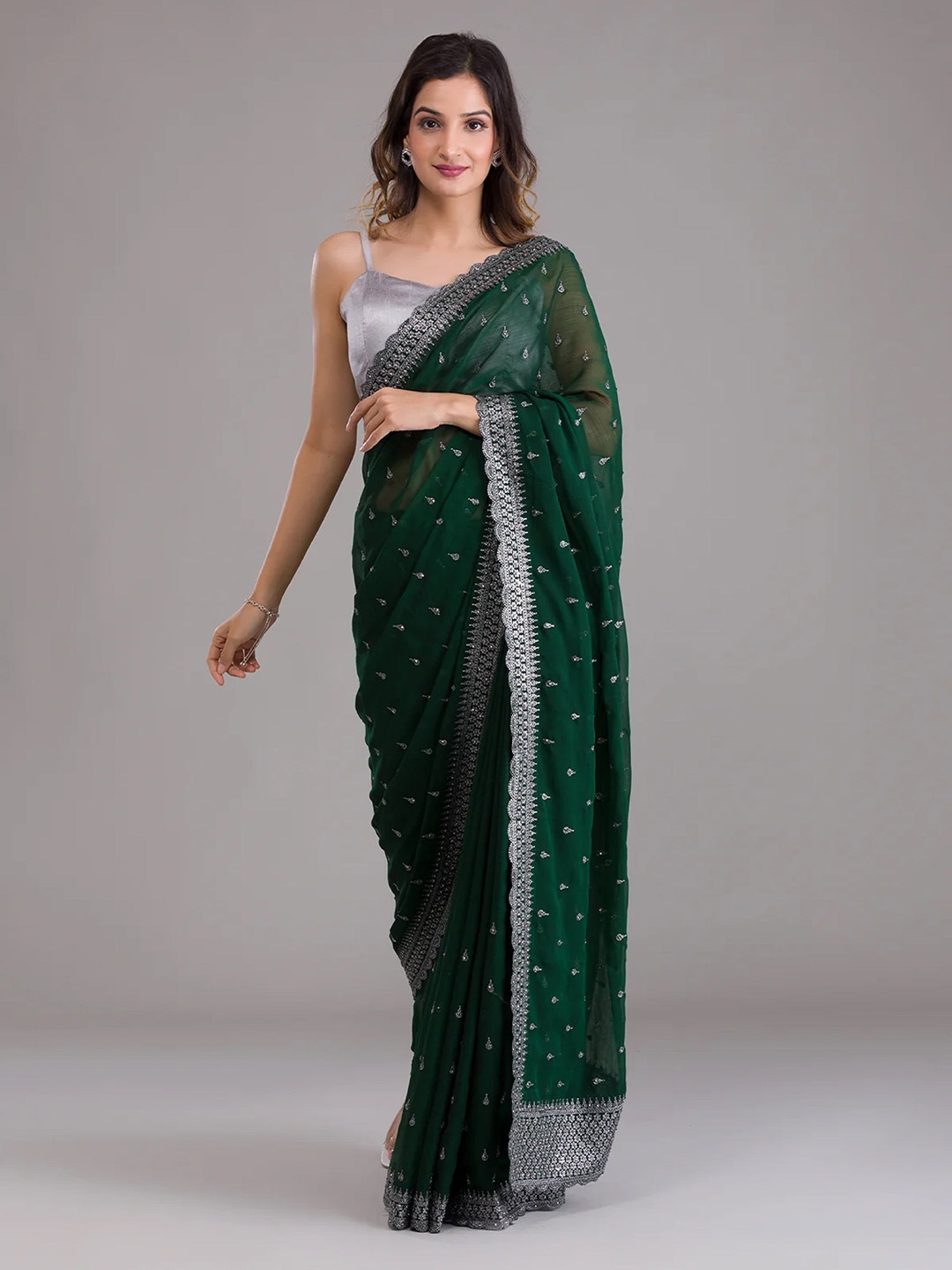 

Trendmalls Embroidered Beads and Stones Saree, Green