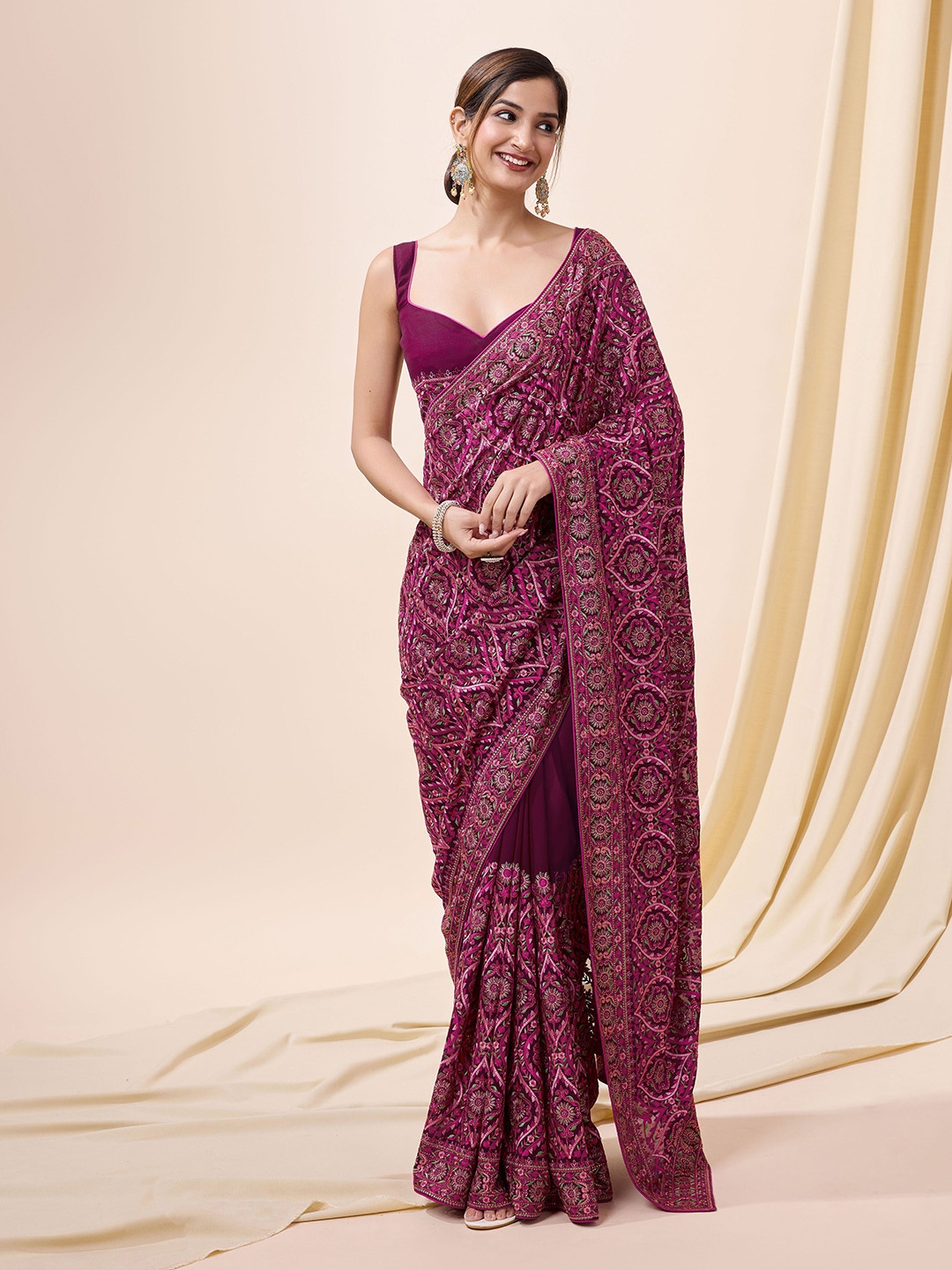 

Trendmalls Embellished Beads and Stones Heavy Work Saree, Pink