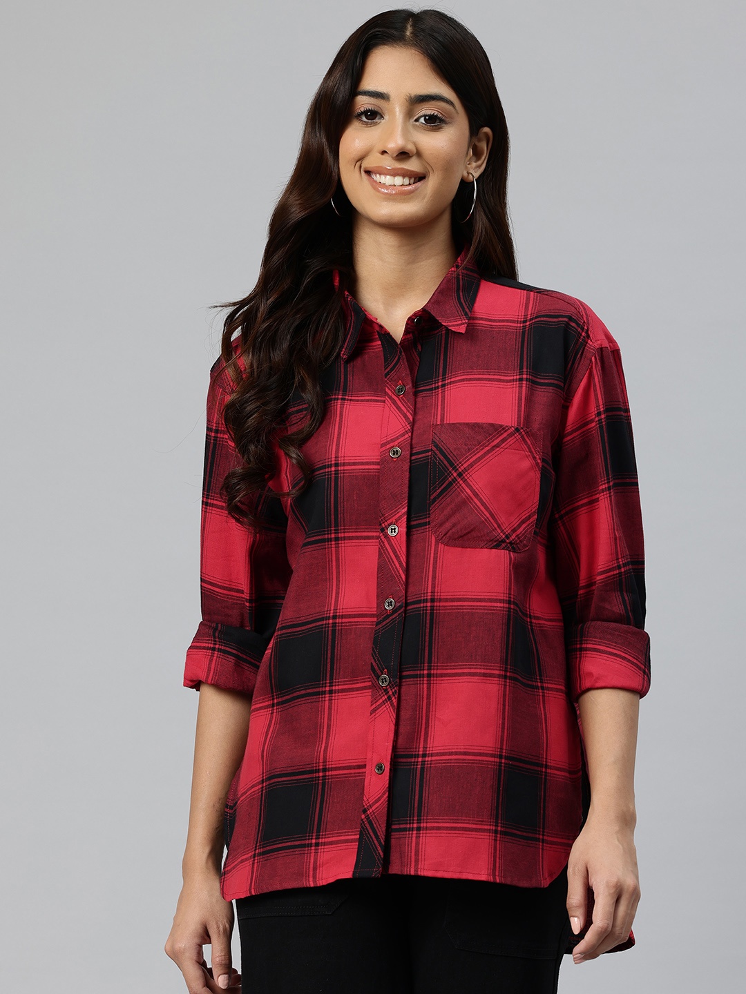 

One Femme Comfort Tartan Checked Relaxed Fit Casual Shirt, Red