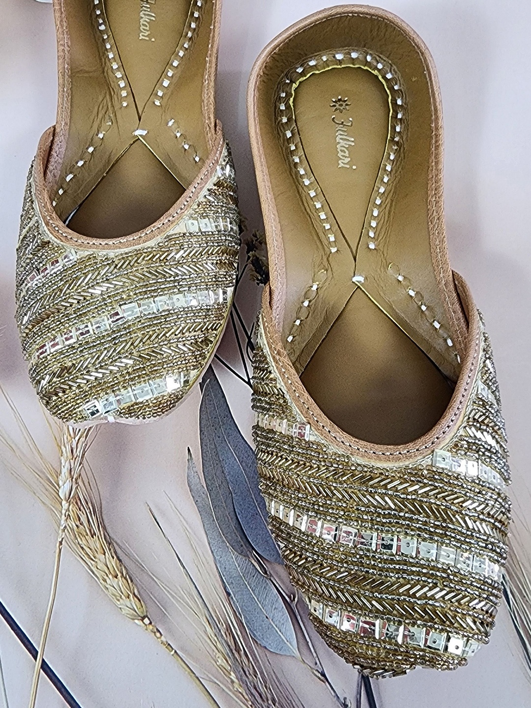 

Fulkari Embellished Round Toe Leather Mojaris, Gold