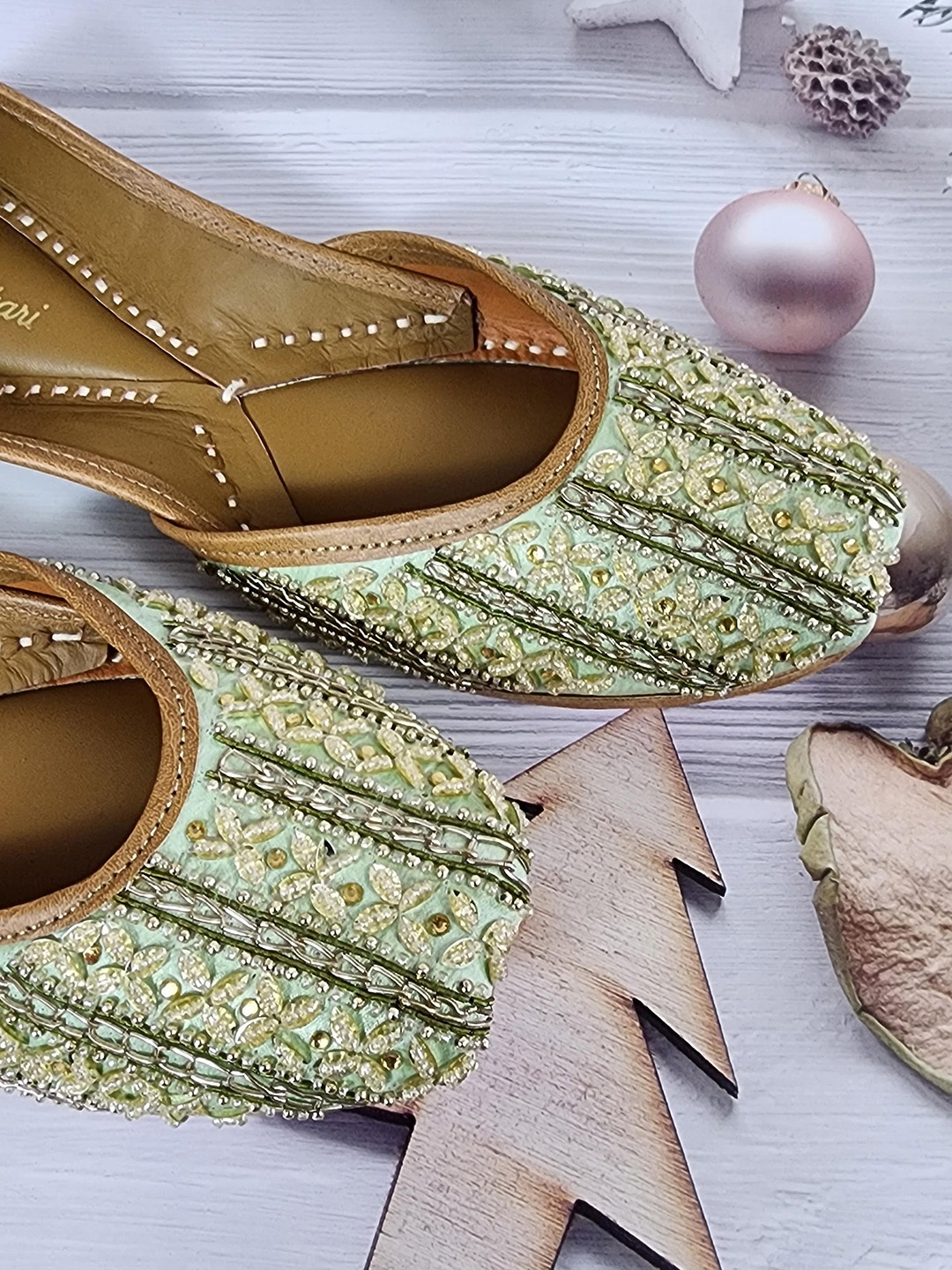 

Fulkari Embellished Round Toe Leather Mojaris, Lime green