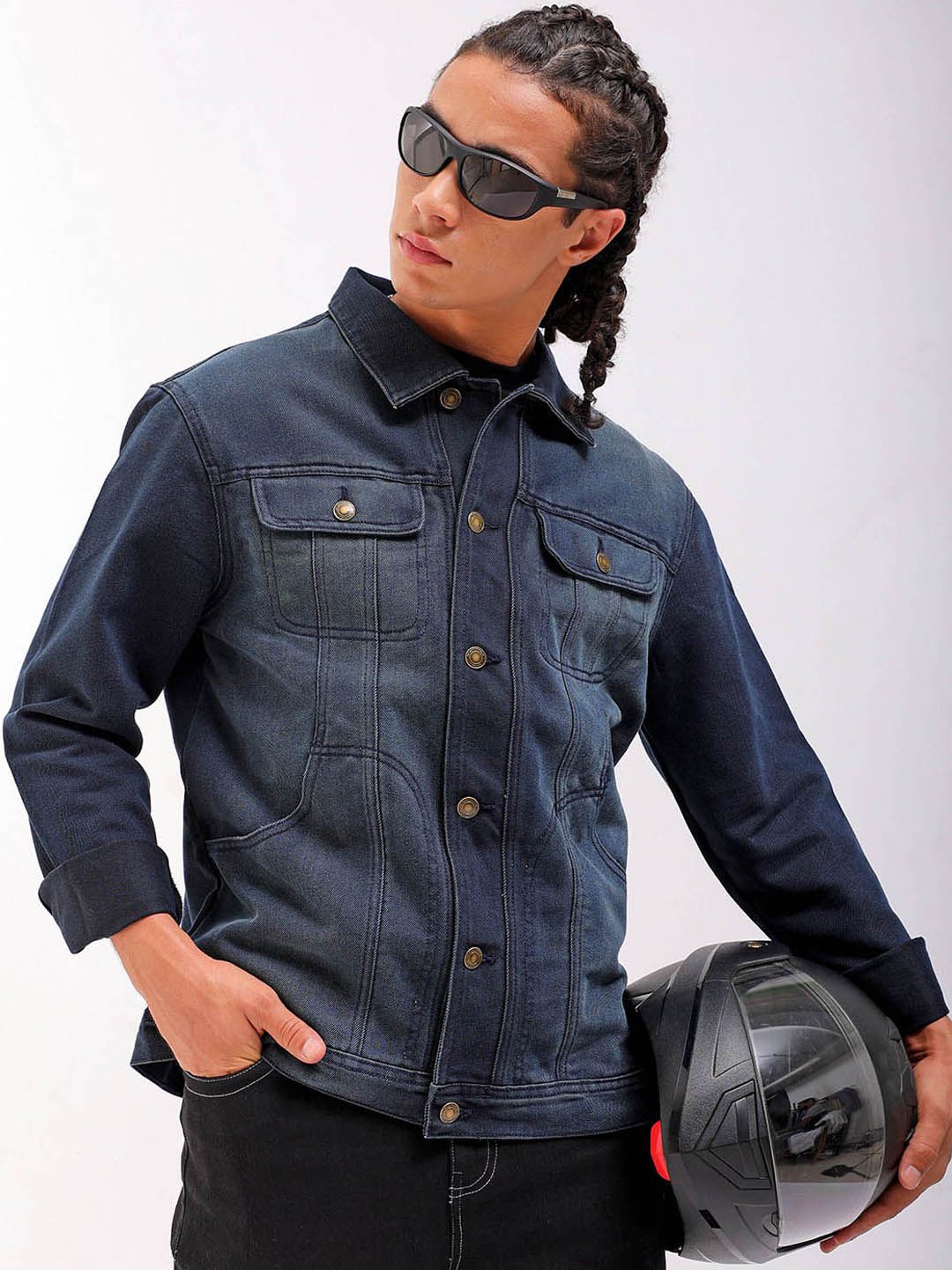 

The Indian Garage Co Washed Checked Crop Denim Jacket with Patchwork, Blue