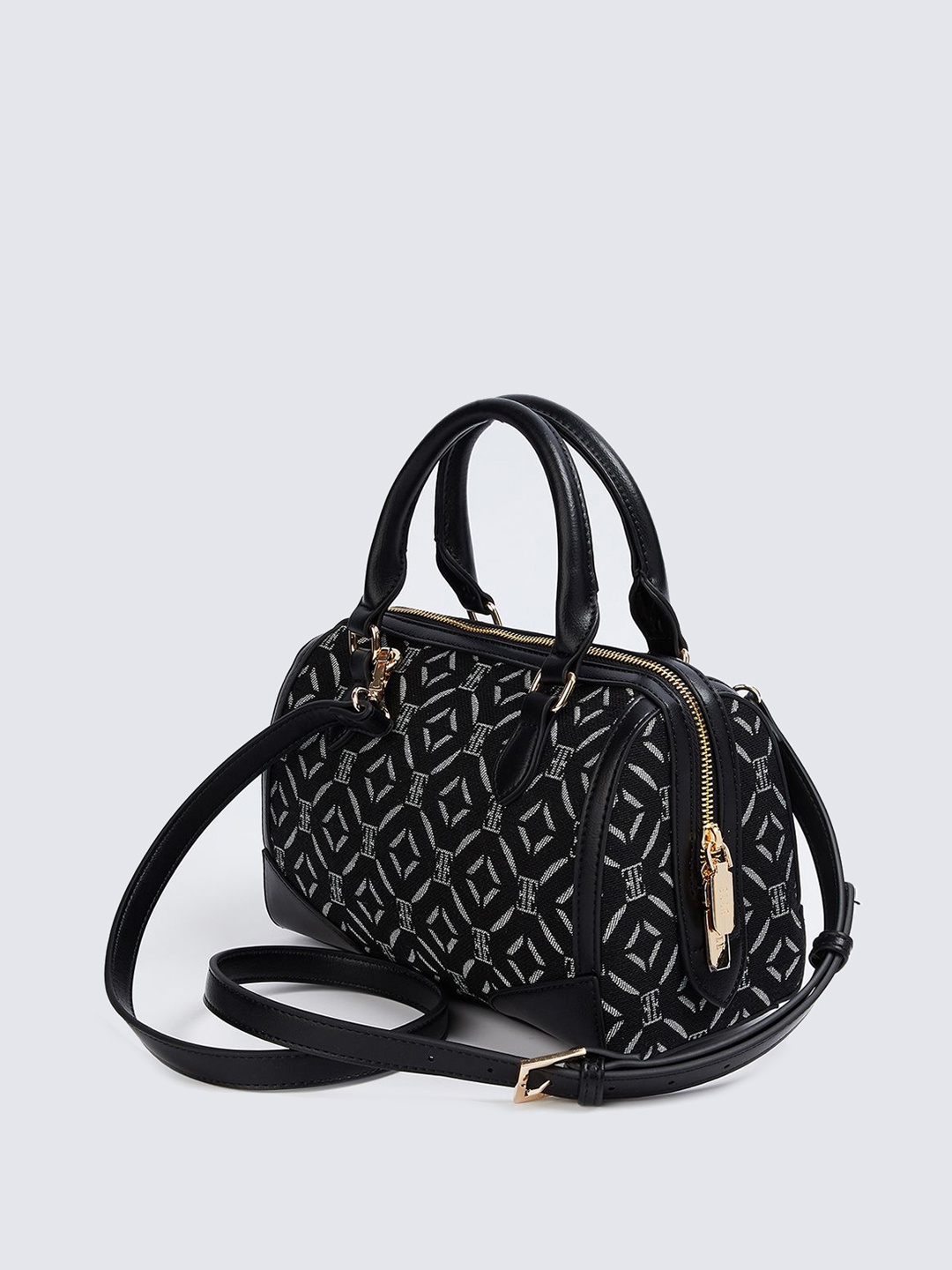 

ELLE Geometric Printed Structured Satchel Bag, Black