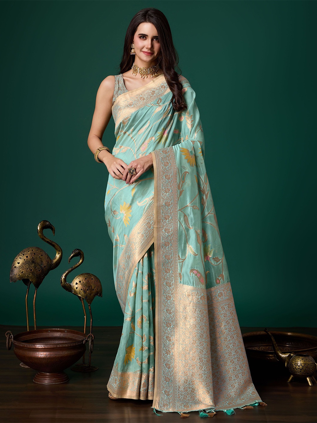 

Mitera Woven Design Zari Organza Saree, Teal