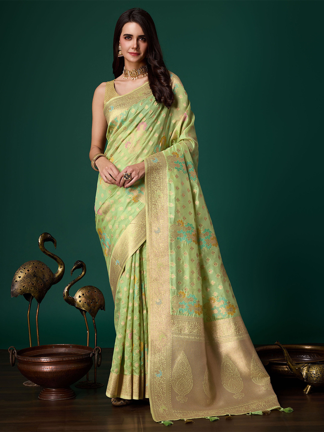 

Mitera Woven Ethnic Motifs Design Organza Saree, Sea green