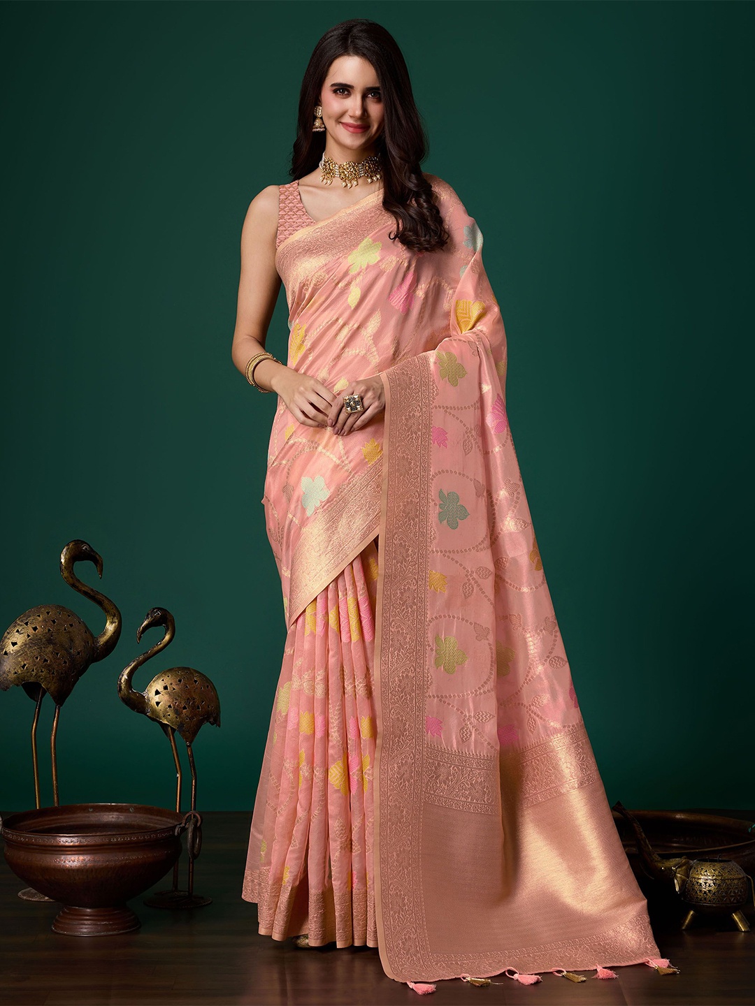 

Mitera Woven Design Zari Organza Saree, Peach