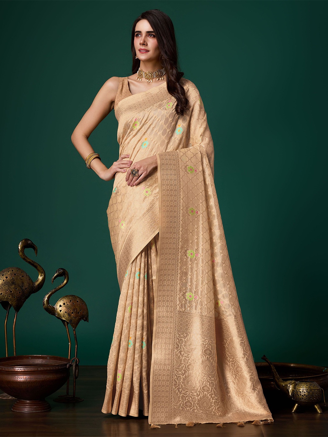 

Mitera Woven Design Zari Organza Saree, Beige