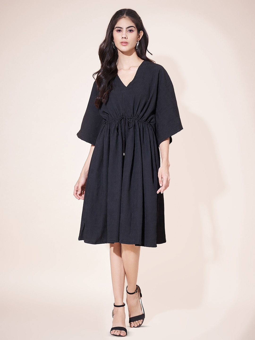 

Justin Whyte V-Neck Crepe Fit and Flare Dress, Black