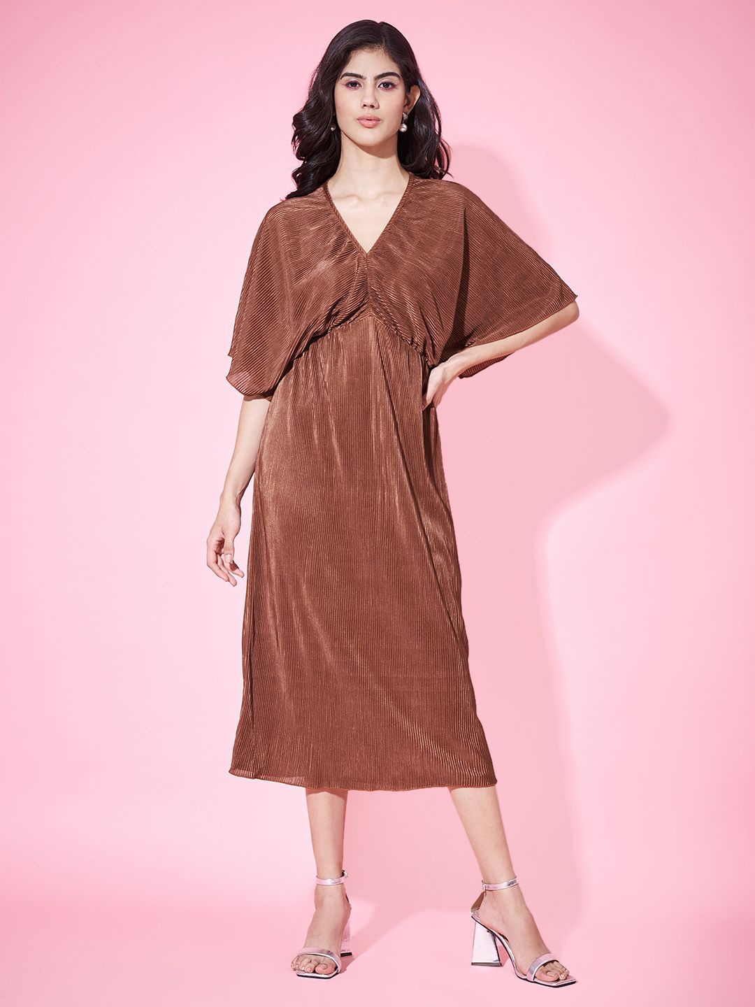 

Justin Whyte Pleated Satin Fit and Flare Dress, Brown