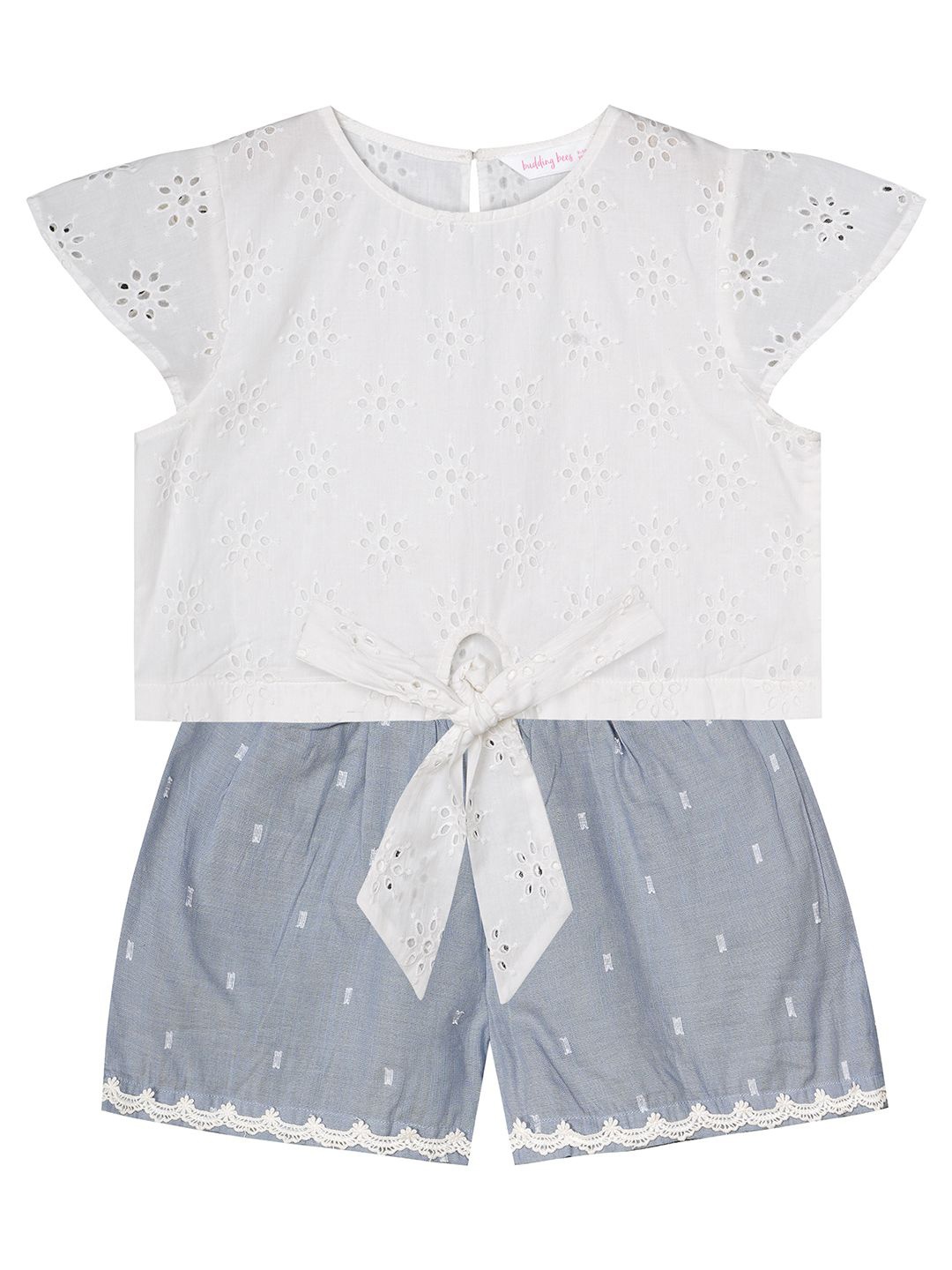 

Budding Bees Girls Printed Pure Cotton Top with Shorts, White