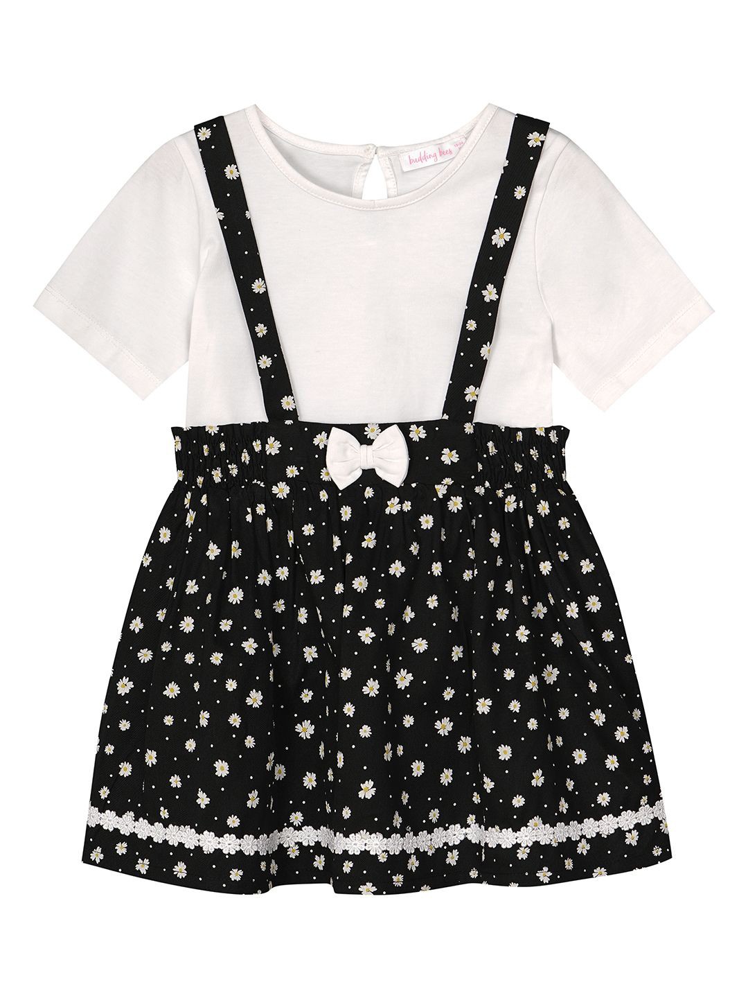 

Budding Bees Girls Printed Pure Cotton T-shirt with Trousers, Black