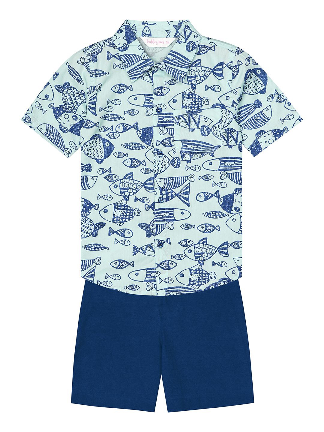 

Budding Bees Boys Printed Pure Cotton Shirt with Shorts, Blue