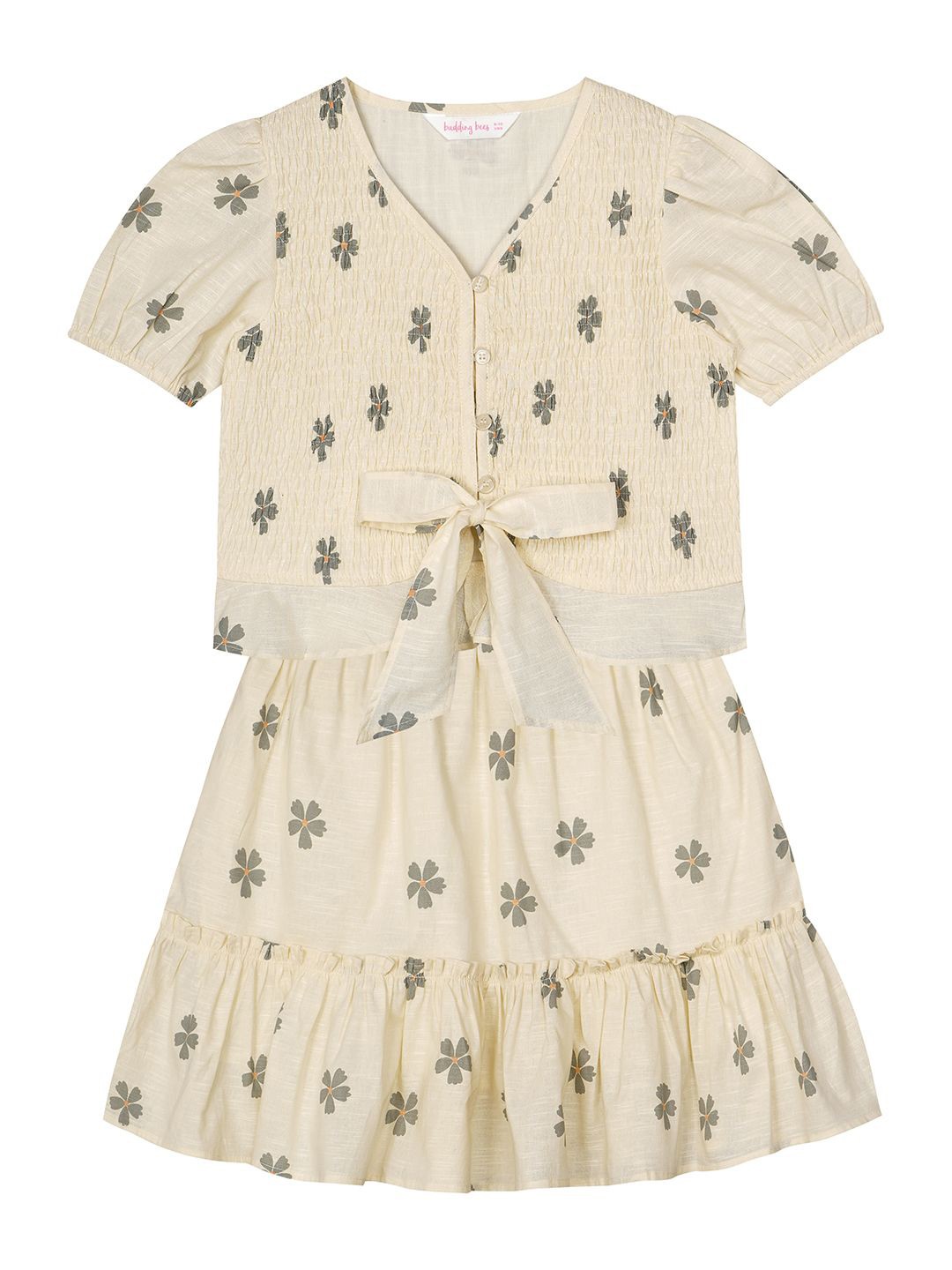 

Budding Bees Girls Printed Pure Cotton Top with Skirt, Cream