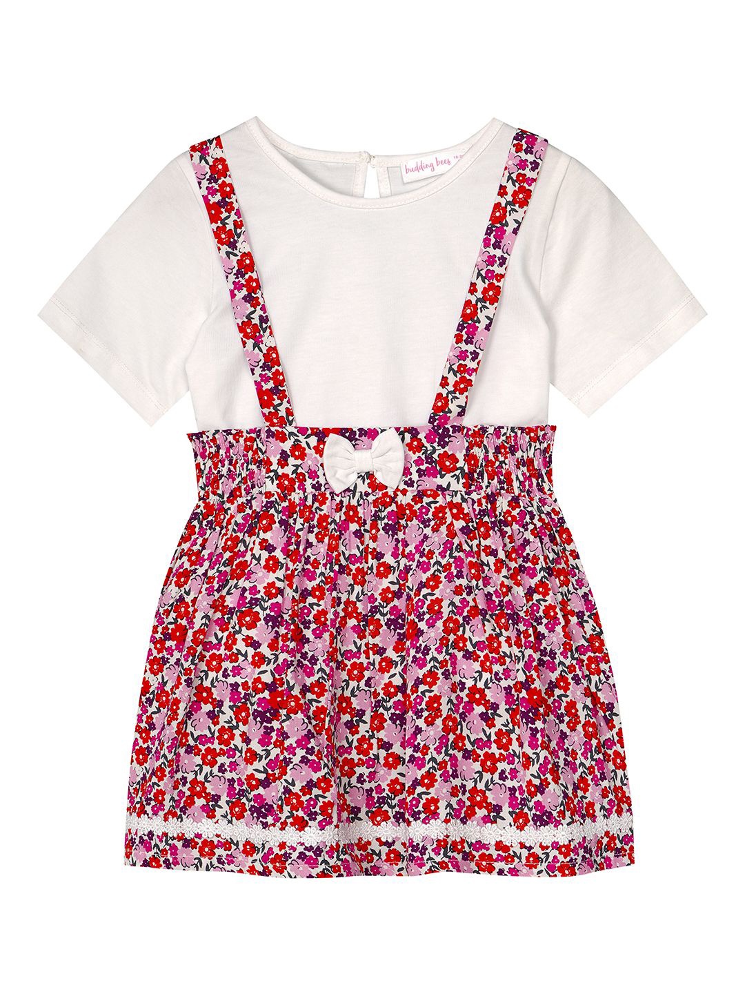 

Budding Bees Girls Printed T-Shirt With Dungaree, Red