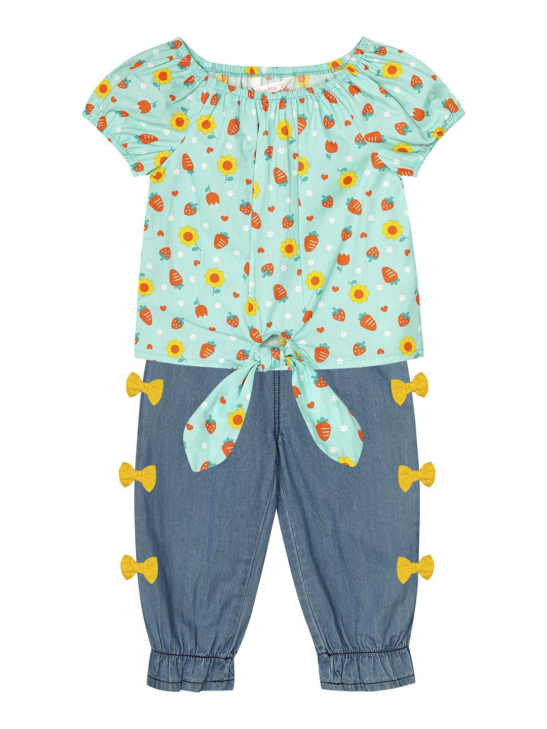 

Budding Bees Girls Printed Pure Cotton Top with Trousers, Blue