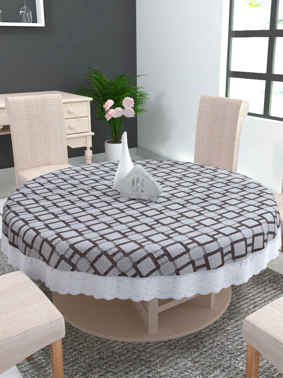 

MONKDECOR Grey Geometric Printed Round 6-Seater Table Cover