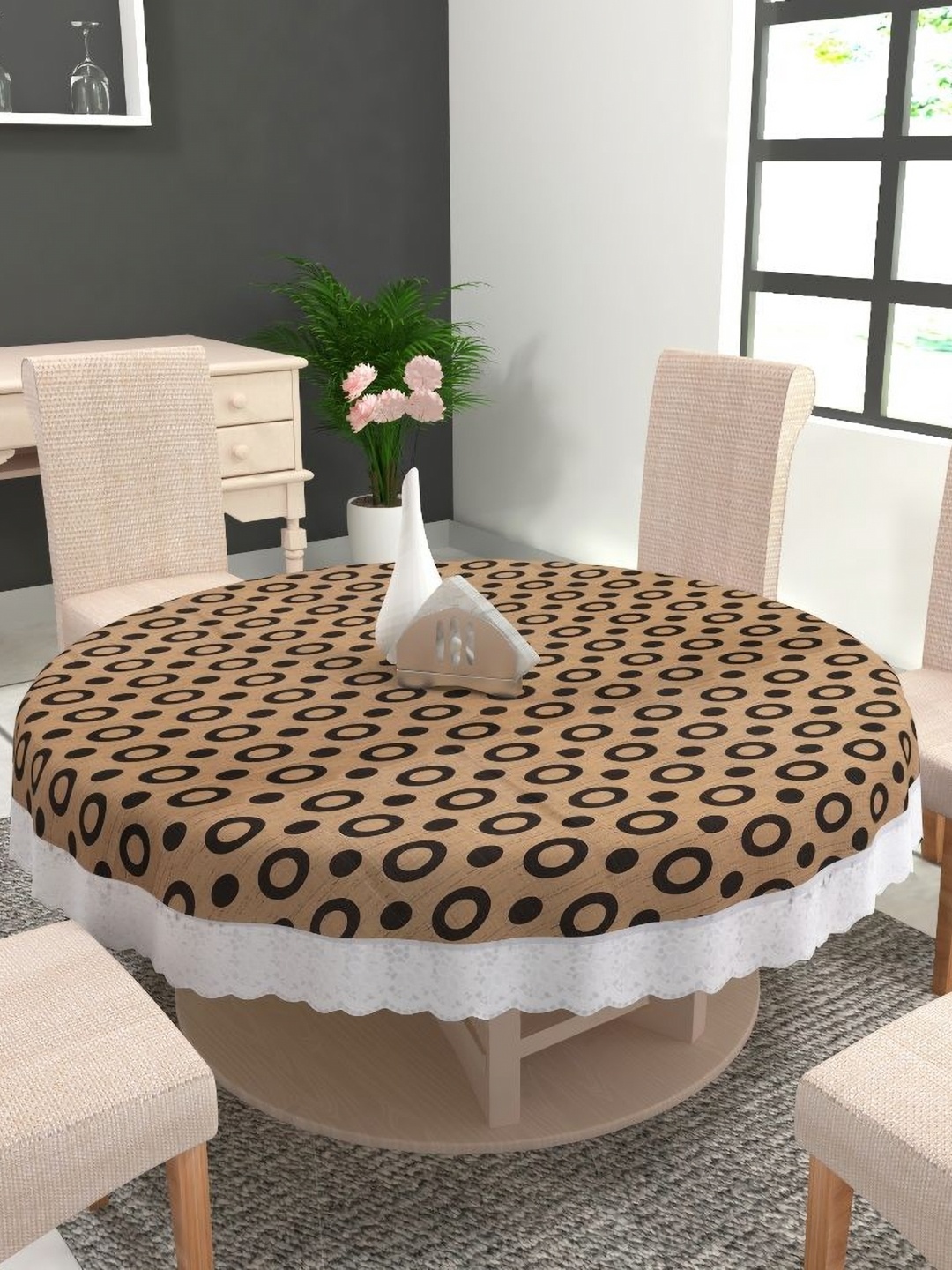 

MONKDECOR Brown Geometric Printed Round 6-Seater Table Cover