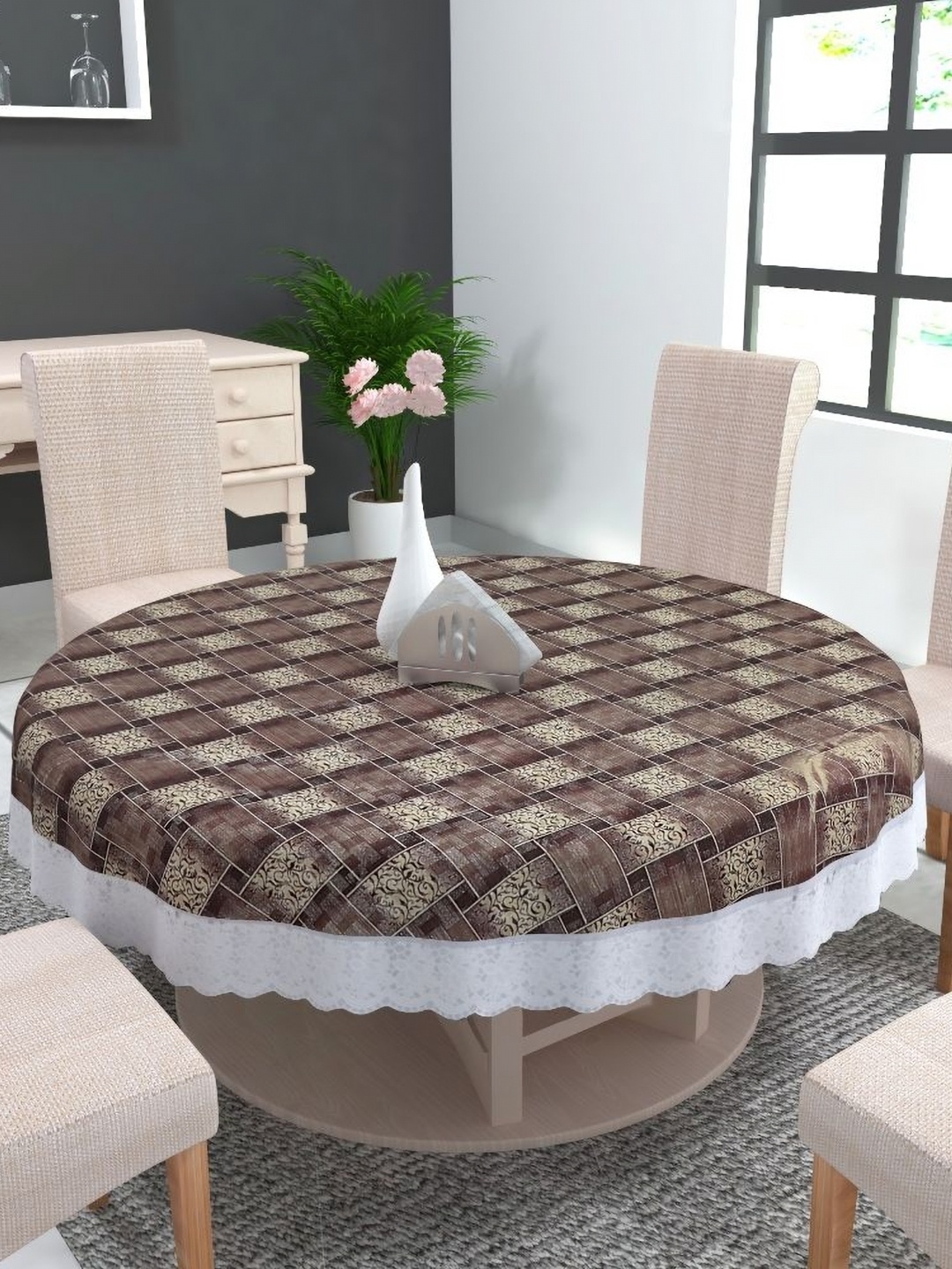

MONKDECOR Brown Geometric Printed Waterproof Plastic Round 6-Seater Table Cover
