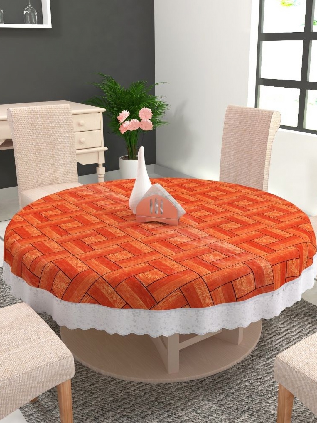

MONKDECOR Orange Geometric Printed Round 6-Seater Table Cover