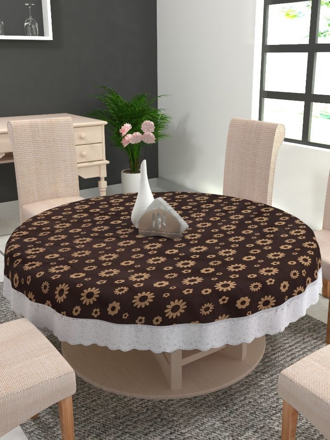 MONKDECOR Brown Floral Waterproof Plastic Round 4-Seater Table Cover