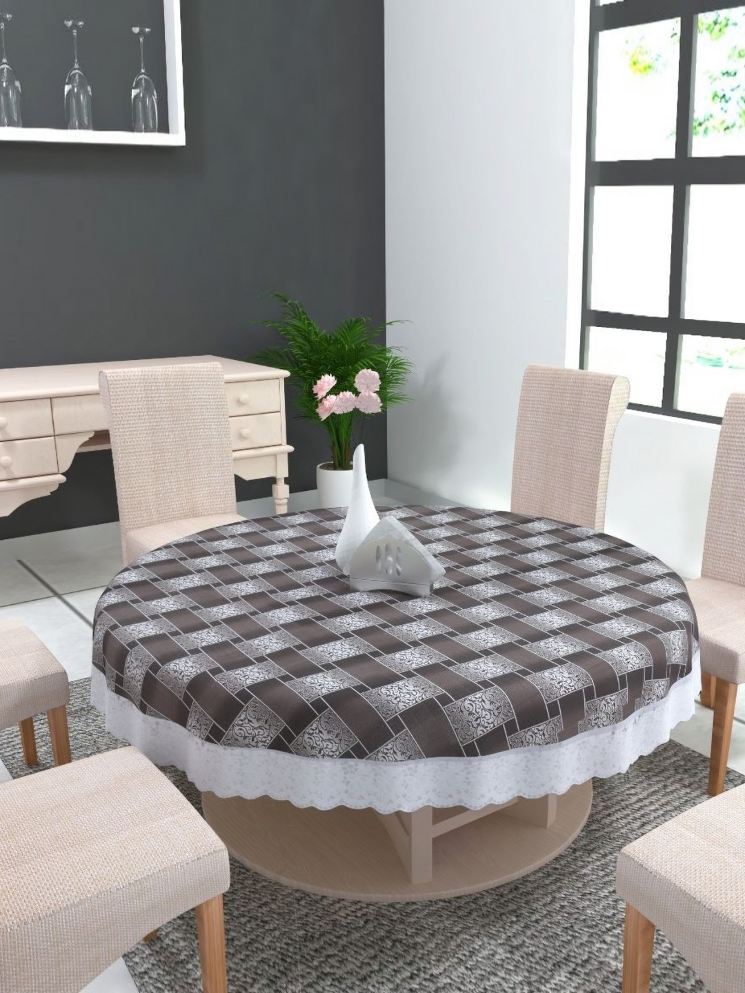 

MONKDECOR Grey Geometric Printed Waterproof Plastic Round 4-Seater Table Cover
