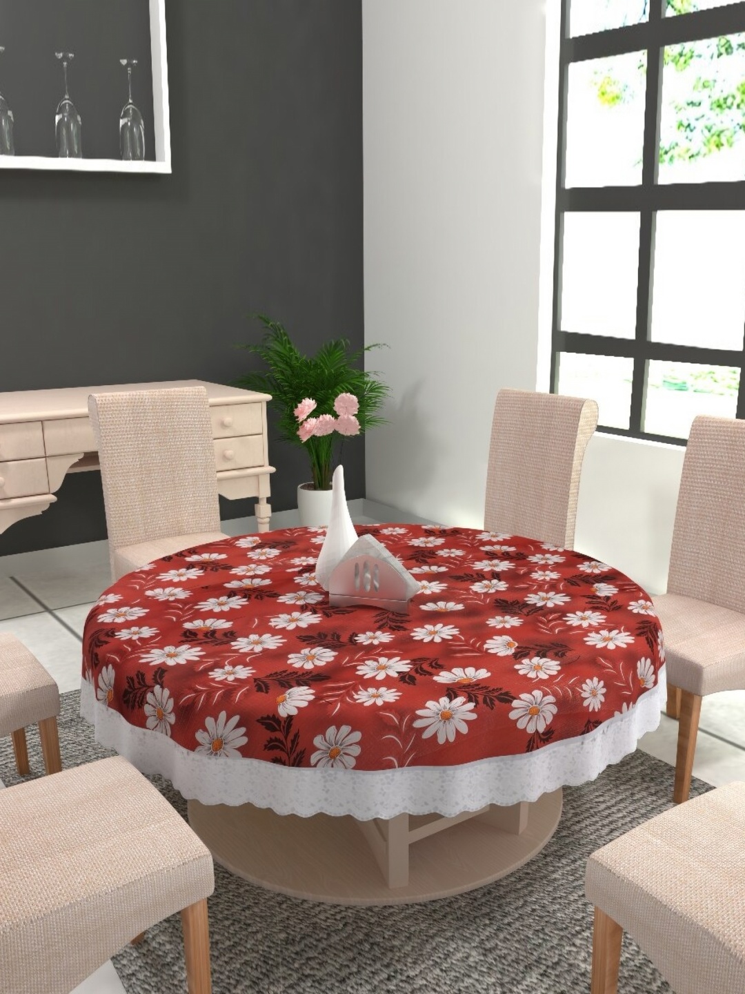 

MONKDECOR Red Floral Waterproof Round 4-Seater Table Cover