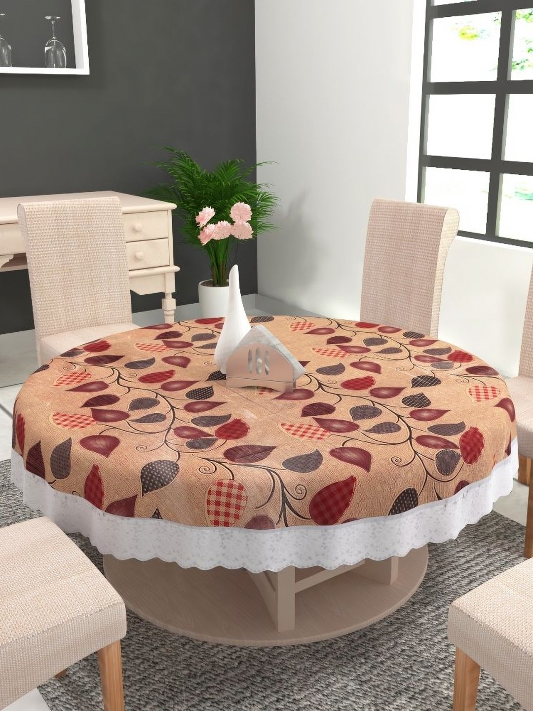 

MONKDECOR Peach-Coloured Floral Round 4-Seater Table Cover