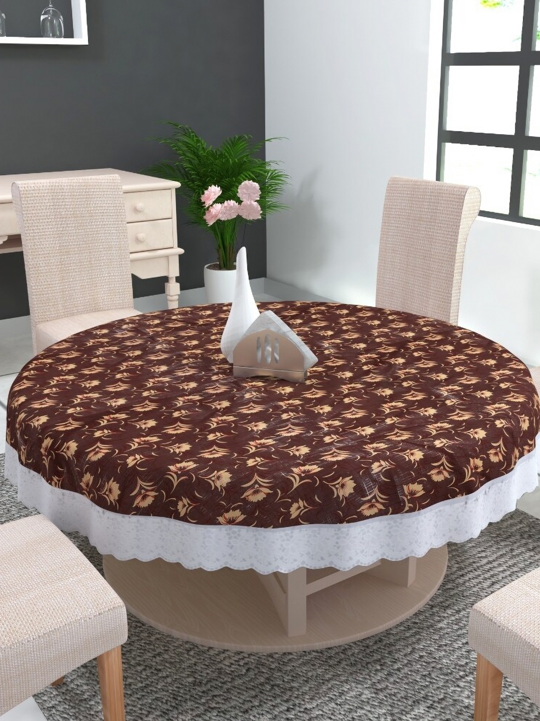 

MONKDECOR Brown Floral Round 6-Seater Table Cover