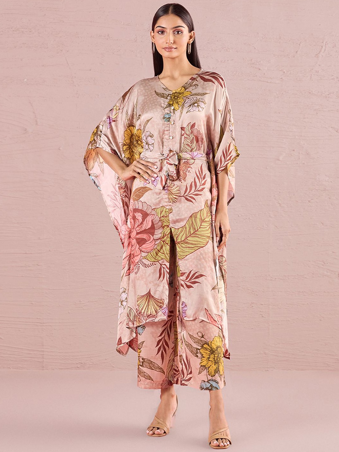 

navyasa by liva Floral Printed V-Neck Kafthan Top With Trousers, Pink