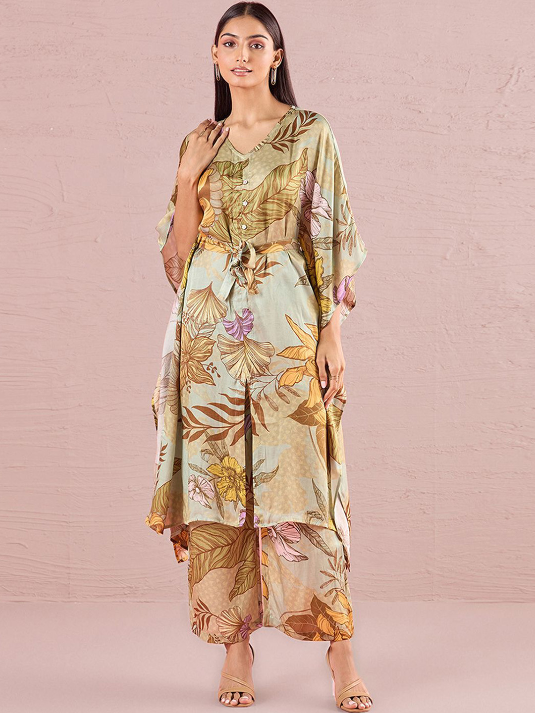 

navyasa by liva Floral Printed V-Neck Kafthan Top And Palazzos, Green