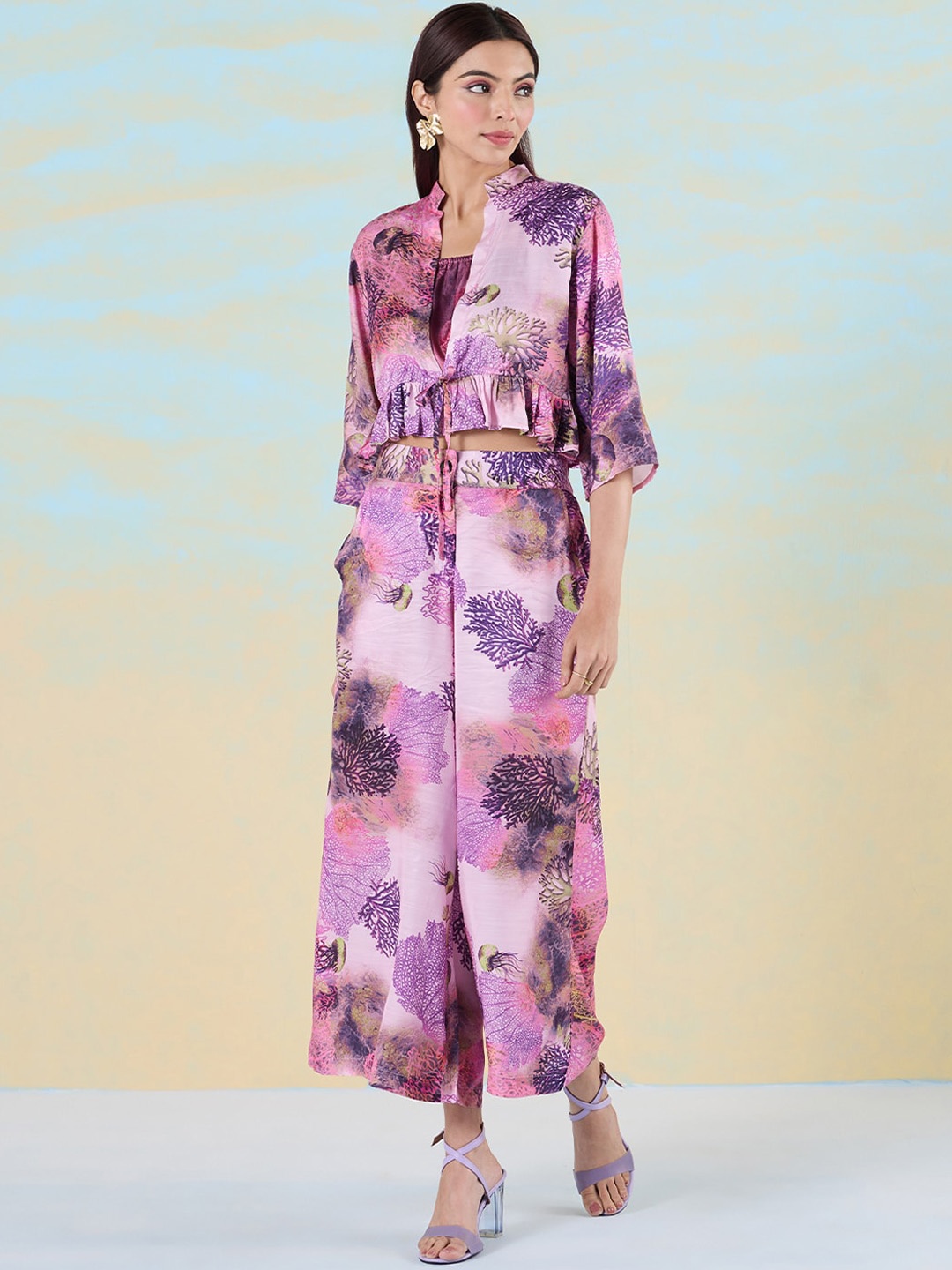 

navyasa by liva Bloom Echo Floral Printed Shoulder Straps Top With Trousers & Jacket, Purple