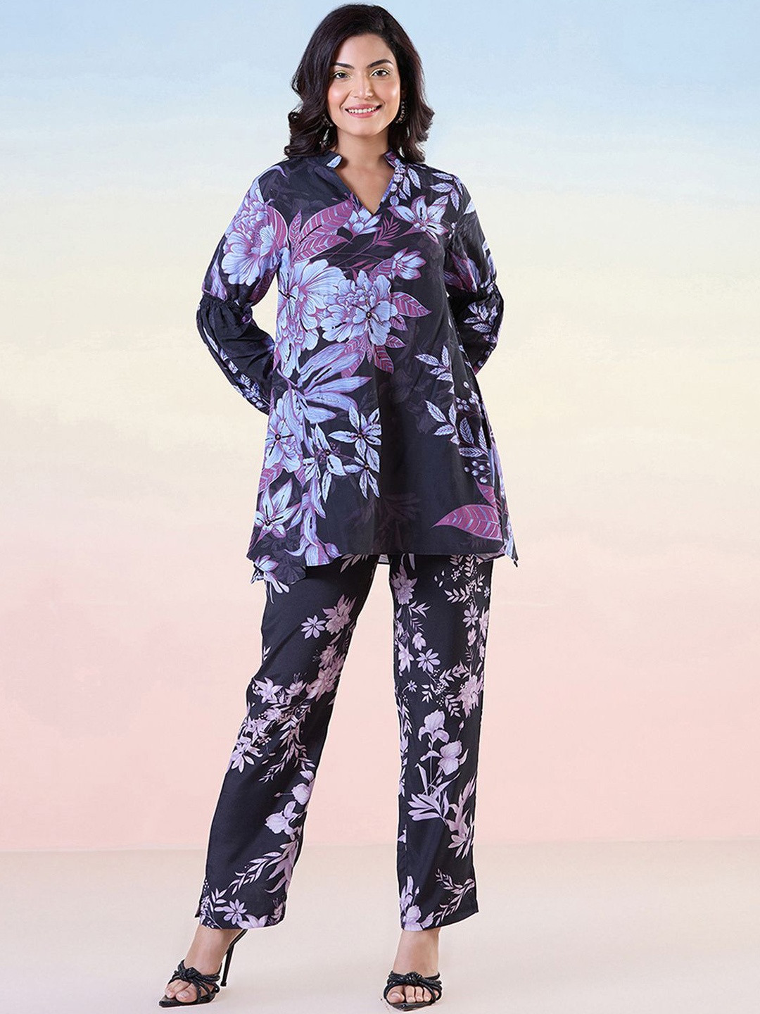 

navyasa by liva Floral Printed V-Neck Top and Trousers, Black
