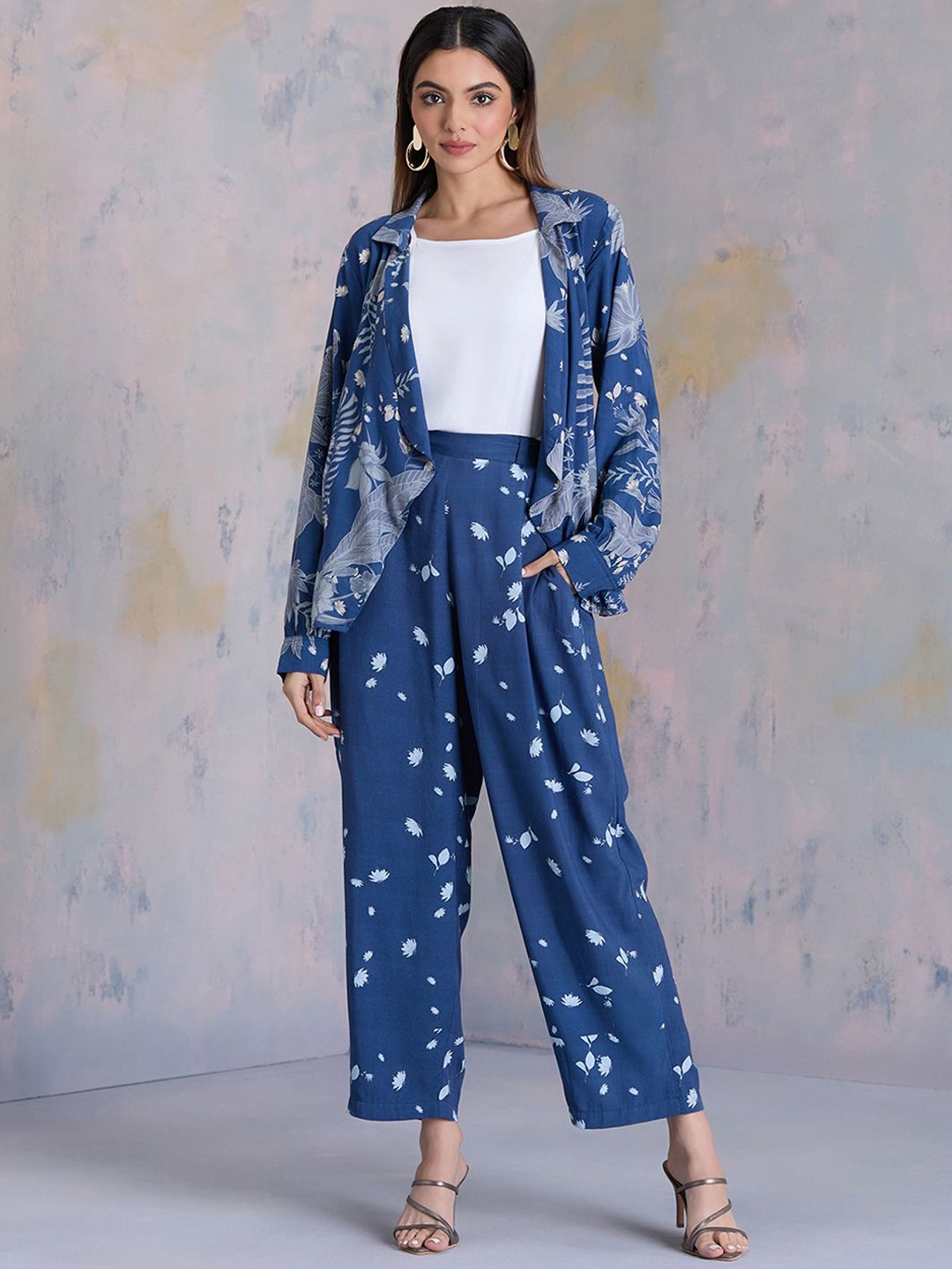

navyasa by liva Floral Printed V-Neck Angrakha Tunic With Trouser, Navy blue