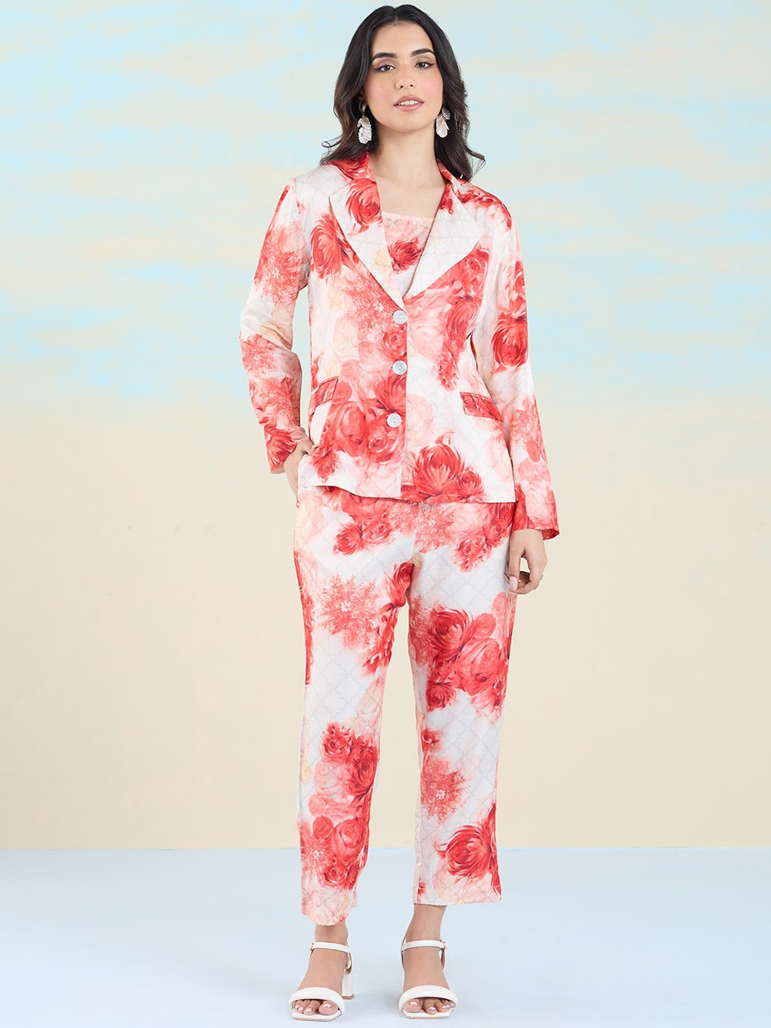 

navyasa by liva Floral Printed Shawl Neck Crop Top Blazer With Trouser, Red