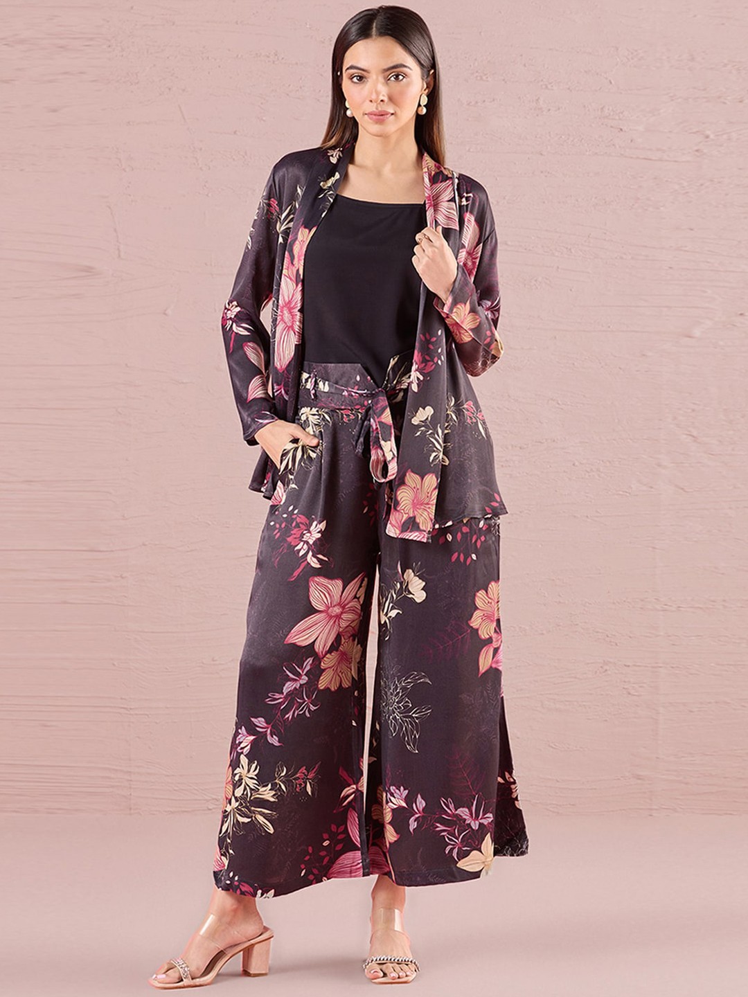 

navyasa by liva Floral Printed Round Neck Top Shrug & Trouser, Black