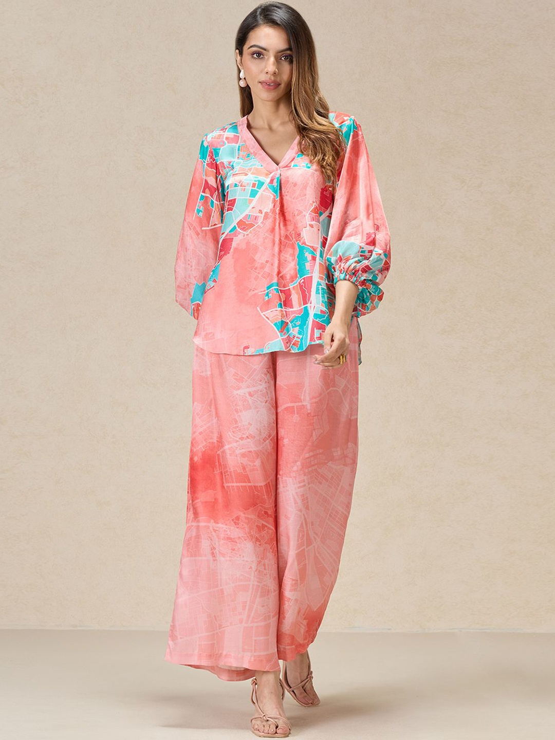 

navyasa by liva Abstract Printed V-Neck Bishop Sleeves Casual Top With Palazzos, Pink