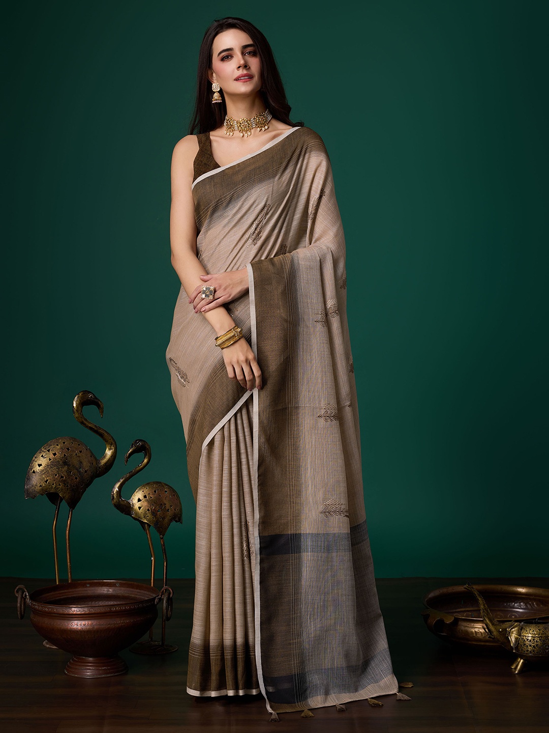 

Mitera Ethnic Motifs Embroidered Pure Linen Saree, Brown