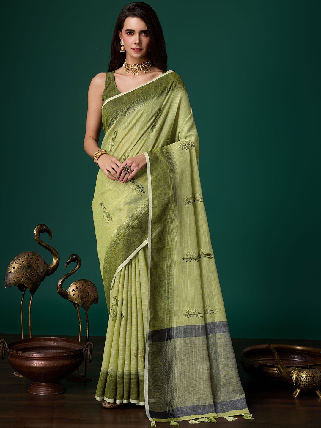 

Mitera Floral Embroidered Pure Linen Saree, Sea green