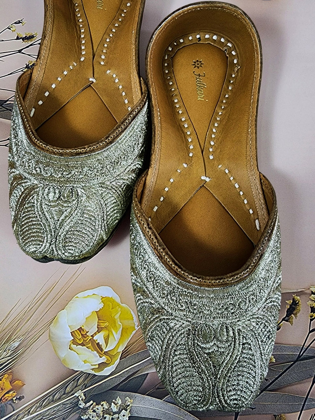 

Fulkari Embellished Round Toe Leather Mojaris, Gold