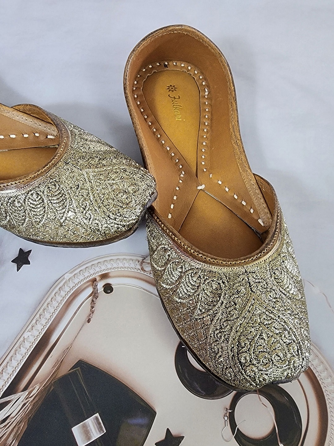 

Fulkari Embellished Round Toe Leather Mojaris, Gold