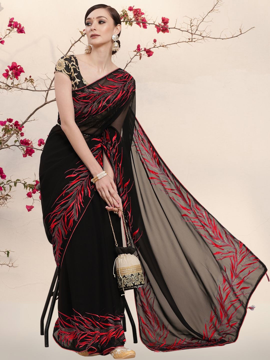 

Chhabra 555 Floral Embroidered Saree With Blouse Piece, Black