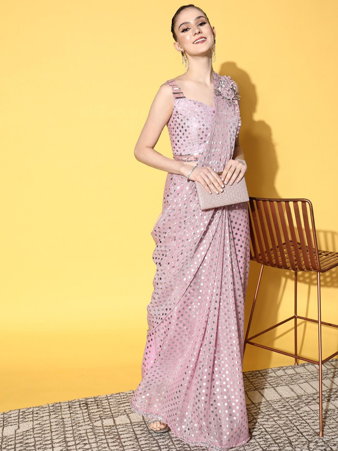 

Chhabra 555 Crystal Embellishments & Applique Work Pre-Draped Saree, Pink