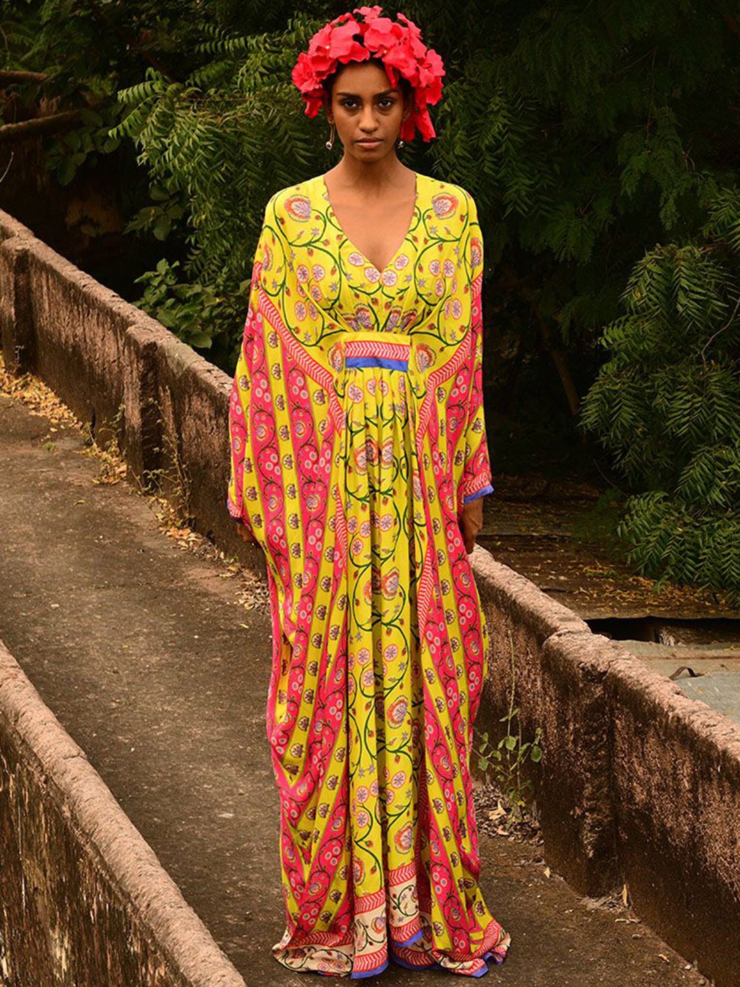 

SWATI VIJAIVARGIE Floral Printed V-Neck Extended Sleeves Silk Gathered Maxi Kaftan Dress, Yellow