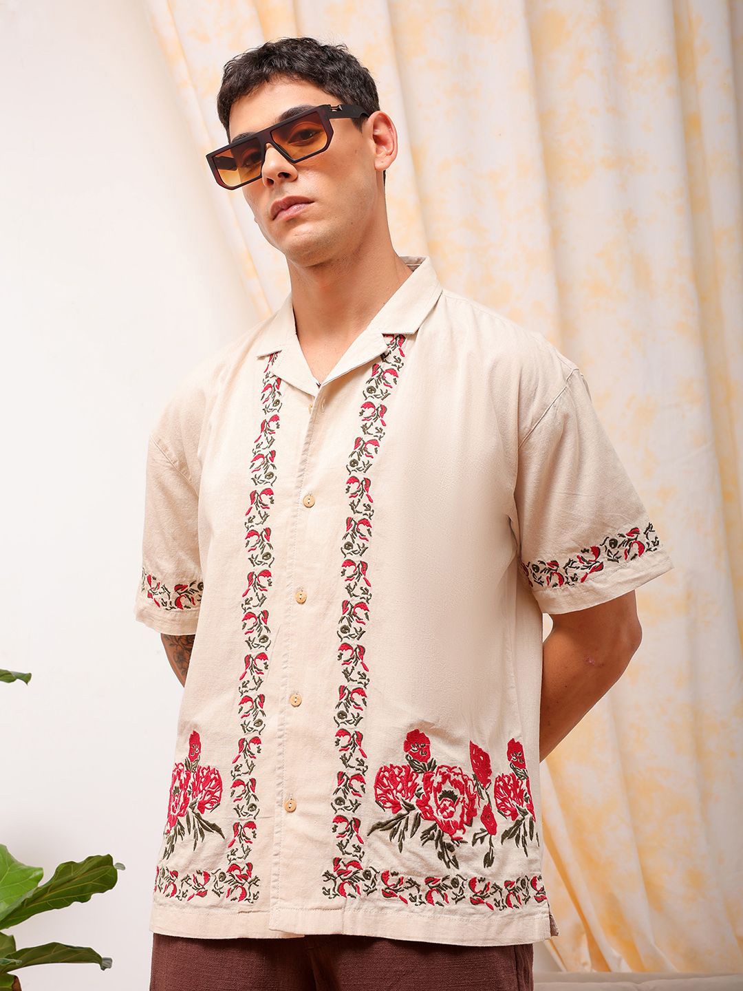 

The Indian Garage Co Relaxed Fit Floral Embroidered Cuban Collar Cotton Casual Shirt, Beige