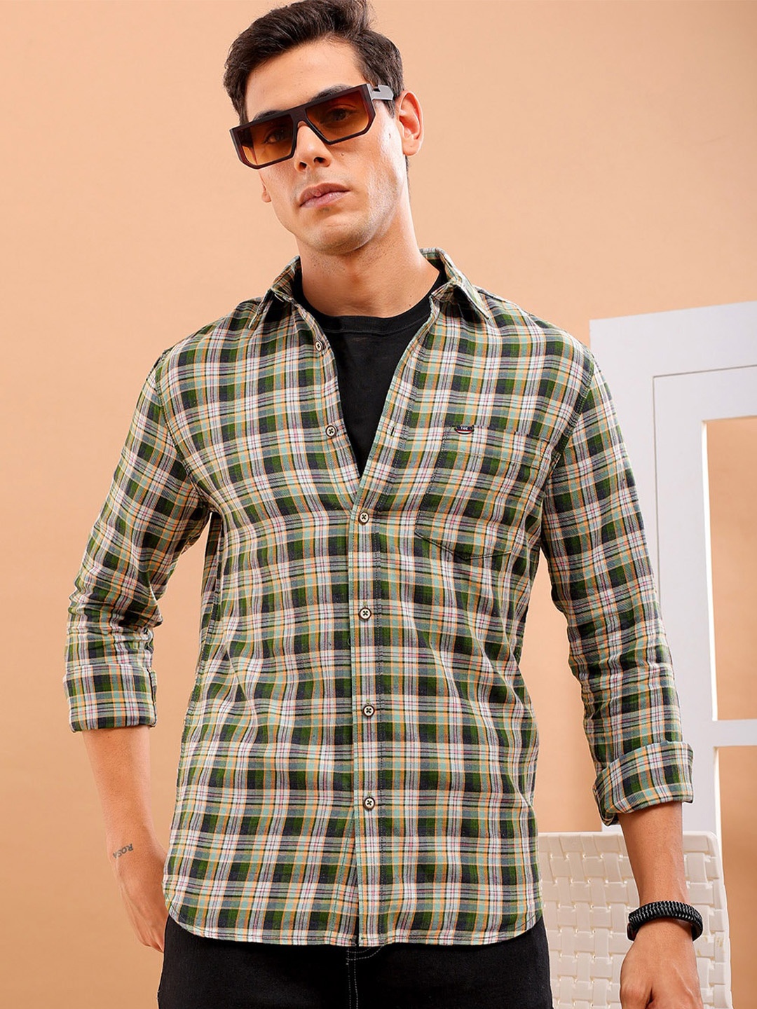 

The Indian Garage Co Slim Fit Tartan Checked Spread Collar Cotton Casual Shirt, Green