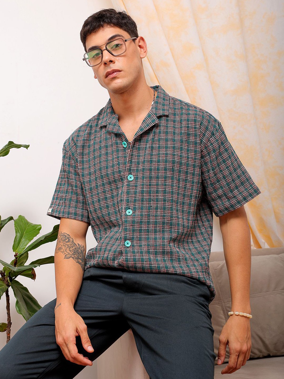 

The Indian Garage Co Men Relaxed Fit Checked Resortwear Shirt, Teal