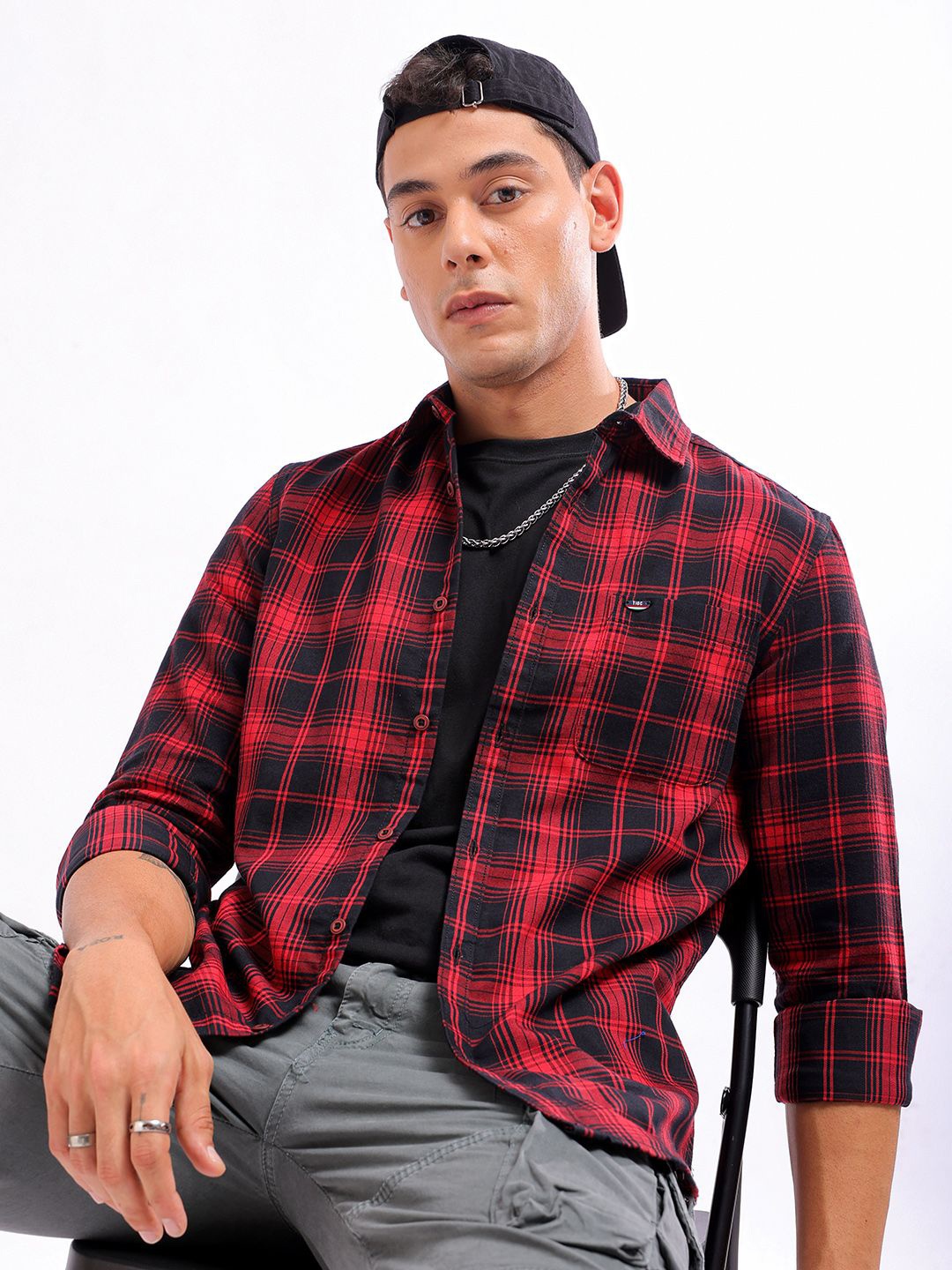 

The Indian Garage Co Slim Fit Tartan Checked Spread Collar Casual Shirt, Red