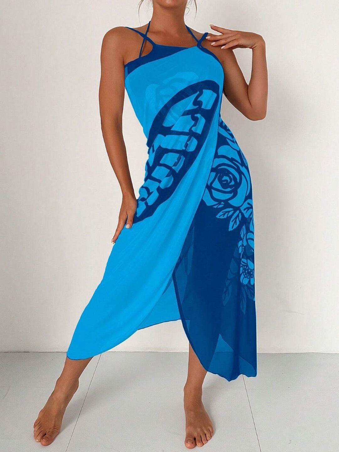 

Stylecast X KPOP Printed Shoulder Straps Swimwear Cover-Up Dress, Blue