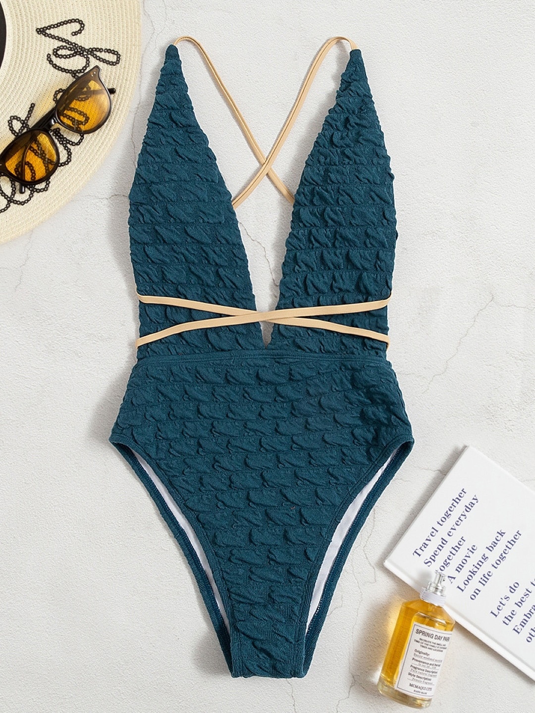 

Stylecast X KPOP Textured V-Neck Swim Bodysuit, Blue